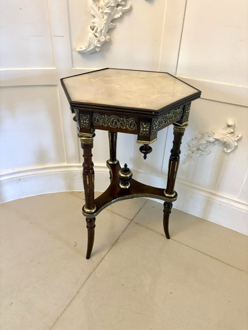Antique Victorian French Quality Mahogany and Gilded Brass Marble Top Lamp Table - Image 2
